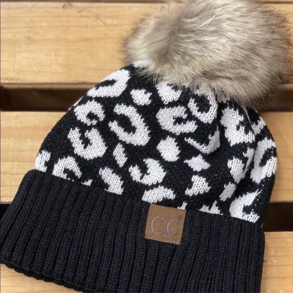 1 LEFT! C.C. Knit Pom Beanie With Leopard Print Women’s Warm Winter Hat - Picture 4 of 5